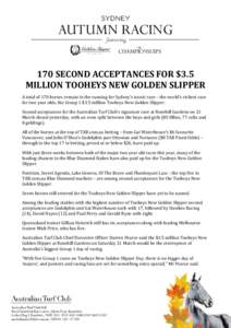 170 SECOND ACCEPTANCES FOR $3.5 MILLION TOOHEYS NEW GOLDEN SLIPPER A total of 170 horses remain in the running for Sydney’s iconic race – the world’s richest race for two year olds, the Group 1 $3.5 million Tooheys