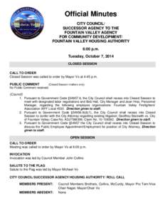 Official Minutes CITY COUNCIL/ SUCCESSOR AGENCY TO THE FOUNTAIN VALLEY AGENCY FOR COMMUNITY DEVELOPMENT/ FOUNTAIN VALLEY HOUSING AUTHORITY