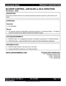 Command Alkon  PRODUCT DESCRIPTION BLOWER CONTROL, (AIR SLIDE or SILO AERATION) Part Number: 23830