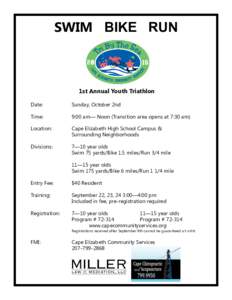 SWIM BIKE RUN  1st Annual Youth Triathlon Date:  Sunday, October 2nd