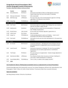 Postgraduate Annual Presentations 2012, (Human Geography) School of Geosciences Thursday 1 November, Madsen Conference Room Student  Supervisor