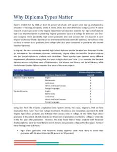 Why Diploma Types Matter  Experts predict that by 2018, at least 65 percent of all jobs will require some type of postsecondary education or training (Carnevale, Smith, & Strohl, But what determines college succes