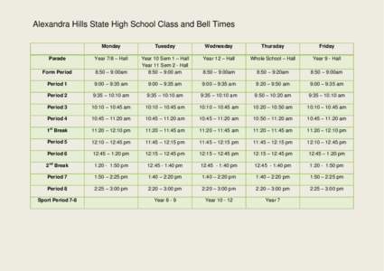 Alexandra Hills State High School Class and Bell Times Monday Tuesday  Wednesday