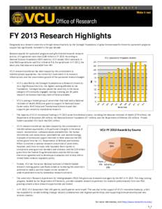 FY 2013 Research Highlights Designated as a research university with high research activity by the Carnegie Foundation, Virginia Commonwealth University sponsored programs support has significantly increased in the past 