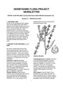 DERBYSHIRE FLORA PROJECT NEWSLETTER EDITED: ALAN WILLMOT (County Recorder) & NICK MOYES (Derbyshire CC) Number 21 – WINTERseaside plants that are moving inland along salt-treated roads.