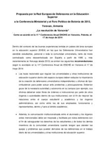 Propuesta por la Red Europea de Defensores en la Educación Superior a la Conferencia Ministerial y al Foro Político de Bolonia de 2015, Yerevan, Armenia „La resolución de Varsovia“ Como se acordó en la 11 ª Conf