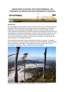 Opportunities to partner with Gunung Bagging - the destination for hiking and travel enthusiasts in Indonesia Background Gunung Bagging was founded in 2009, and since then this user-focused website has grown into the bes