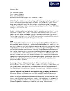 Memorandum To: Interested Parties From: Catalist Analytics Date: October 25, 2012 Re: Absentee and Early Voting in Iowa and North Carolina While thirty-five states are currently running early vote programs, the focus rig