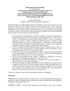 Memorandum of Understanding by and among the Arizona Game and Fish Department, Graham County (AZ), Greenlee County (AZ), Navajo County (AZ), Animal and Plant Health Inspection Service/Wildlife Services, U.S.D.A. Forest S