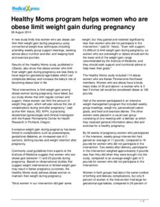 Healthy Moms program helps women who are obese limit weight gain during pregnancy