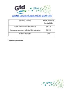 Tarifas Servicios Adicionales Gtd Móvil Nombre Servicio Tarifa Mensual (Iva Incluido)