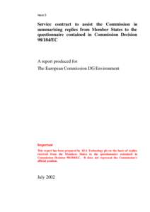 Issue 3  Service contract to assist the Commission in summarising replies from Member States to the questionnaire contained in Commission Decision[removed]EC