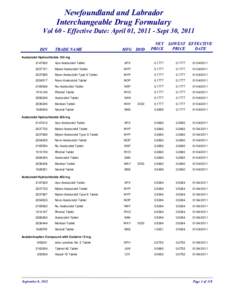 Newfoundland and Labrador Interchangeable Drug Formulary Vol 60 - Effective Date: April 01, [removed]Sept 30, 2011 DIN