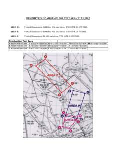 DESCRIPTION OF AIRSPACE FOR TEST AREA W, X AND Z  AREA W: Vertical Dimension is 6,000 feet ASL and above, YSO 025R, DME.