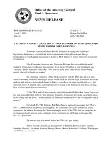 Office of the Attorney General Paul G. Summers NEWS RELEASE FOR IMMEDIATE RELEASE April 3, 2006