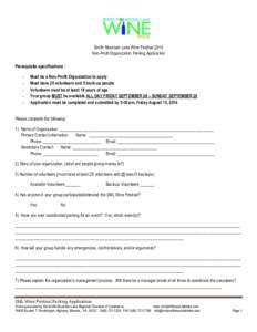 Smith Mountain Lake Wine Festival 2014 Non-Profit Organization Parking Application Prerequisite specifications : -  Must be a Non-Profit Organization to apply