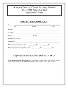 Attorney General’s Youth Advisory Council[removed]Academic Year Application Form PARENT / EDUCATOR FORM Name