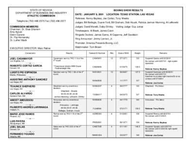 STATE OF NEVADA DEPARTMENT OF BUSINESS AND INDUSTRY ATHLETIC COMMISSION BOXING SHOW RESULTS DATE: JANUARY 6, 2001