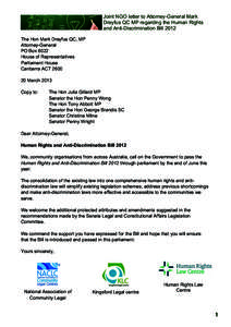 Joint NGO letter to Attorney-General Mark Dreyfus QC MP regarding the Human Rights and Anti-Discrimination Bill 2012 The Hon Mark Dreyfus QC, MP Attorney-General PO Box 6022