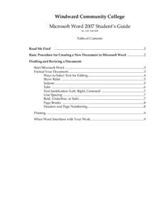 Windward Community College Microsoft Word 2007 Student’s Guide Ed. 3.00, Fall 2008 Table of Contents Read Me First!