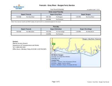 Francois - Grey River - Burgeo Ferry Service Year-Round Schedule Last updated AprilDaily except Thursday