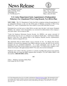 News Release U.S. Department of Labor Office of Public Affairs Philadelphia, PA[removed]PHI (ebsa177)