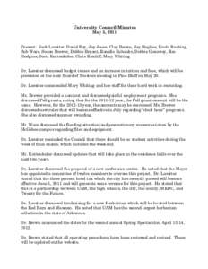 University Council Minutes May 5, 2011 Present: Jack Lassiter, David Ray, Jay Jones, Clay Brown, Jay Hughes, Linda Rushing, Bob Ware, Susan Brewer, Debbie Bryant, Ranelle Eubanks, Debbie Gasaway, Jim Hudgins, Scott Kutte