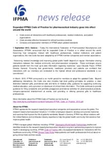 Expanded IFPMA Code of Practice for pharmaceutical industry goes into effect around the world   