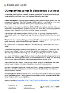 Overplaying songs is dangerous business Extensive data analysis reveals listener reactions to new music change very rapidly. And that even the biggest Classics get tired. A deep data analysis from Danish software company