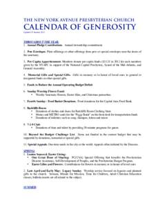 THE NEW YORK AVENUE PRESBYTERIAN CHURCH  CALENDAR OF GENEROSITY Updated 25 JanuaryTHROUGHOUT THE YEAR: