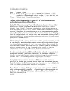 Criminology / Rape / Crime / Law enforcement / Ethics / Super Bowl / National Sexual Violence Resource Center / Pennsylvania Coalition Against Rape / Justin Timberlake / Violence against women / Rape in the United States / Gender-based violence