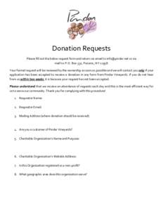 Donation Requests Please fill out the below request form and return via email to  or via mail to: P.O. Box 332, Peconic, NYYour formal request will be reviewed by the ownership as soon as possible 