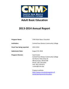 Adult Basic Education[removed]Annual Report Program Name:  CNM Adult Basic Education