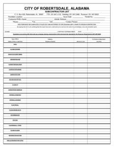 CITY OF ROBERTSDALE, ALABAMA SUBCONTRACTOR LIST P. O. Box 429, Robertsdale, AL[removed]TTD: [removed]Building: [removed]Revenue: [removed]Permitted Location: __________________________________________ Issue Dat