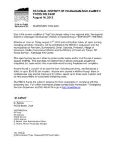 REGIONAL DISTRICT OF OKANAGAN-SIMILKAMEEN PRESS RELEASE August 16, 2012