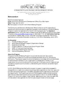 Memorandum To: All Interested Agencies From: Community and Economic Development Office, City of Burlington Date: Friday, April 24, 2014 Re: Participation in the[removed]We All Belong Program The Community and Economic 