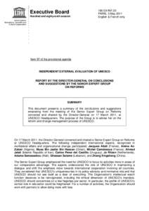 UNESCO. Executive Board; 186th; Independent external evaluation of UNESCO: report by the Director-General on conclusions and suggestions by the senior expert group on reforms; 2011