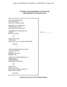 Case 1:15-cvJFM Document 1 FiledPage 1 of 15  UNITED STATES DISTRICT COURT FOR THE DISTRICT OF MARYLAND  GILEAD SCIENCES, INC.