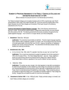 SUMMARY OF PROPOSED AMENDMENTS TO THE TRIBALLY CONTROLLED COLLEGES AND UNIVERSITIES ASSISTANCE ACT OF[removed]REAUTHORIZED IN CONJUNCTION WITH THE HIGHER EDUCATION ACT] The Tribally Controlled Colleges and Universities Ass