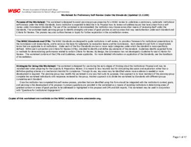 Western Association of Schools and Colleges Accrediting Commission for Senior Colleges and Universities Worksheet for Preliminary Self-Review Under the Standards (UpdatedPurpose of the Worksheet: This workshee