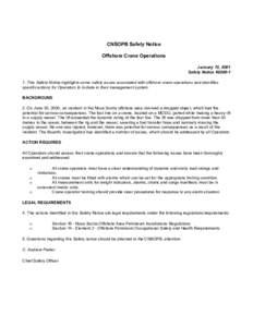 CNSOPB Safety Notice Offshore Crane Operations January 15, 2001 Safety Notice #[removed]This Safety Notice highlights some safety issues associated with offshore crane operations and identifies specific actions for Oper