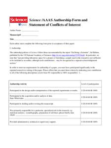 Science /AAAS Authorship Form and Statement of Conflicts of Interest Author Name: _________________ Manuscript# _________________ Title_____________________________________________________________________________________