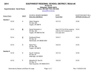 2014  SOUTHWEST REGIONAL SCHOOL DISTRICT, REAA #6 PO Box 90 Dillingham, Alaska[removed]Phone: [removed]FAX: [removed]