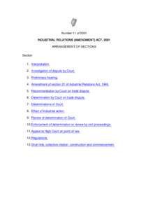 Number 11 of 2001 INDUSTRIAL RELATIONS (AMENDMENT) ACT, 2001 ARRANGEMENT OF SECTIONS Section 1. Interpretation. 2. Investigation of dispute by Court.