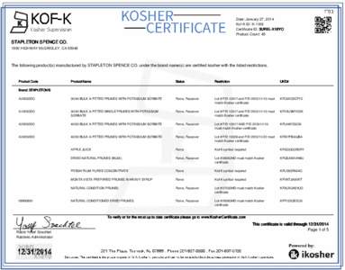 KOSHER CERTIFICATE KOF-K  Kosher Supervision