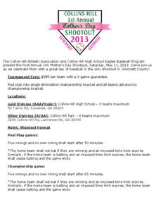 The Collins Hill Athletic Association and Collins Hill High School Eagles Baseball Program present the First Annual 14U Mother’s Day Shootout, Saturday, May 11, 2013. Come join us as we celebrate Mom with a great day o