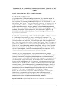 Comments on the ESIA for the Development of a Soda Ash Plant at Lake Natron By Lota Melamari & Chris Magin – 2nd November 2007 Introduction/General Comments WCST, the Wildlife Conservation Society of Tanzania - the Tan