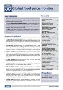 12 September[removed]Global food price monitor Key messages n	 Export prices of wheat increased in August and those of maize remained close to the record level reached last month. International rice prices showed