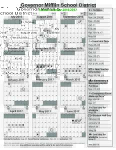 Governor Mifflin School District School CalendarT=5 Monday  Wednesday