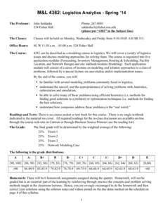 M&L 4382: Logistics Analytics - Spring ’14 The Professor: John Saldanha 524 Fisher Hall